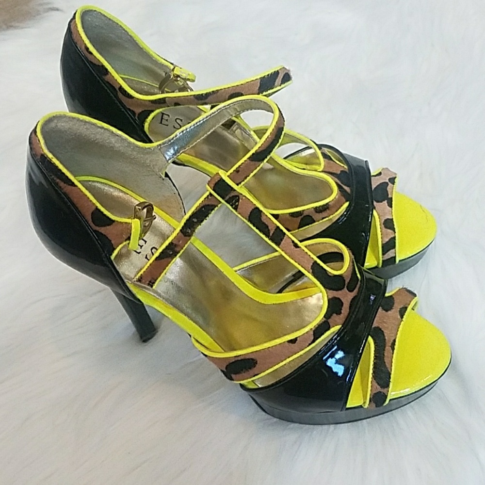 Guess neon yellow black brown heels 7.5